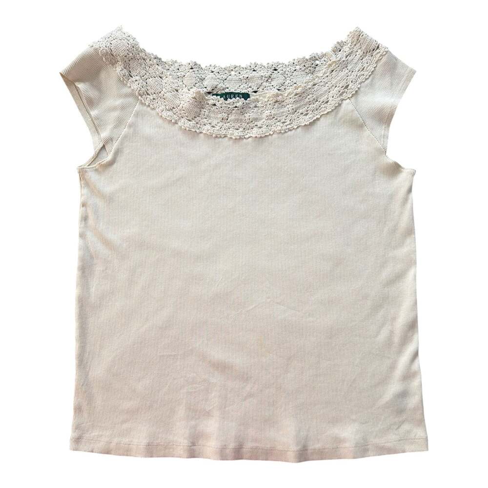 Lauren Ralph Lauren Cream Ribbed Knit Top with Crocheted Neckline